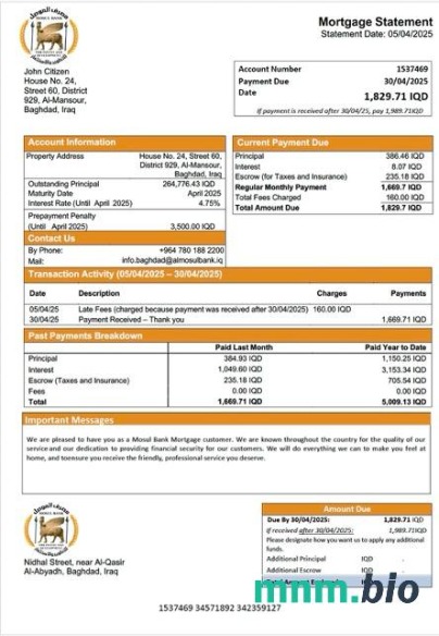 Irak Bank Mosul wyciąg z kredytu hipotecznego szablon Word i PDF
